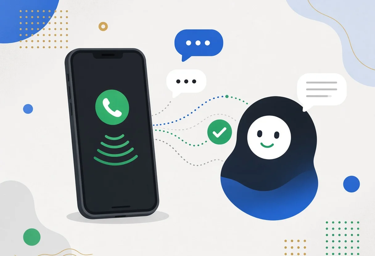 Illustration of a phone with an incoming call handled by a friendly AI assistant, with chat bubbles and a check mark.