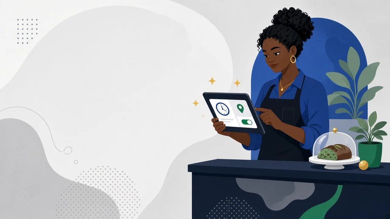 Illustration of a Black bakery owner updating her website's hours and location on a tablet.