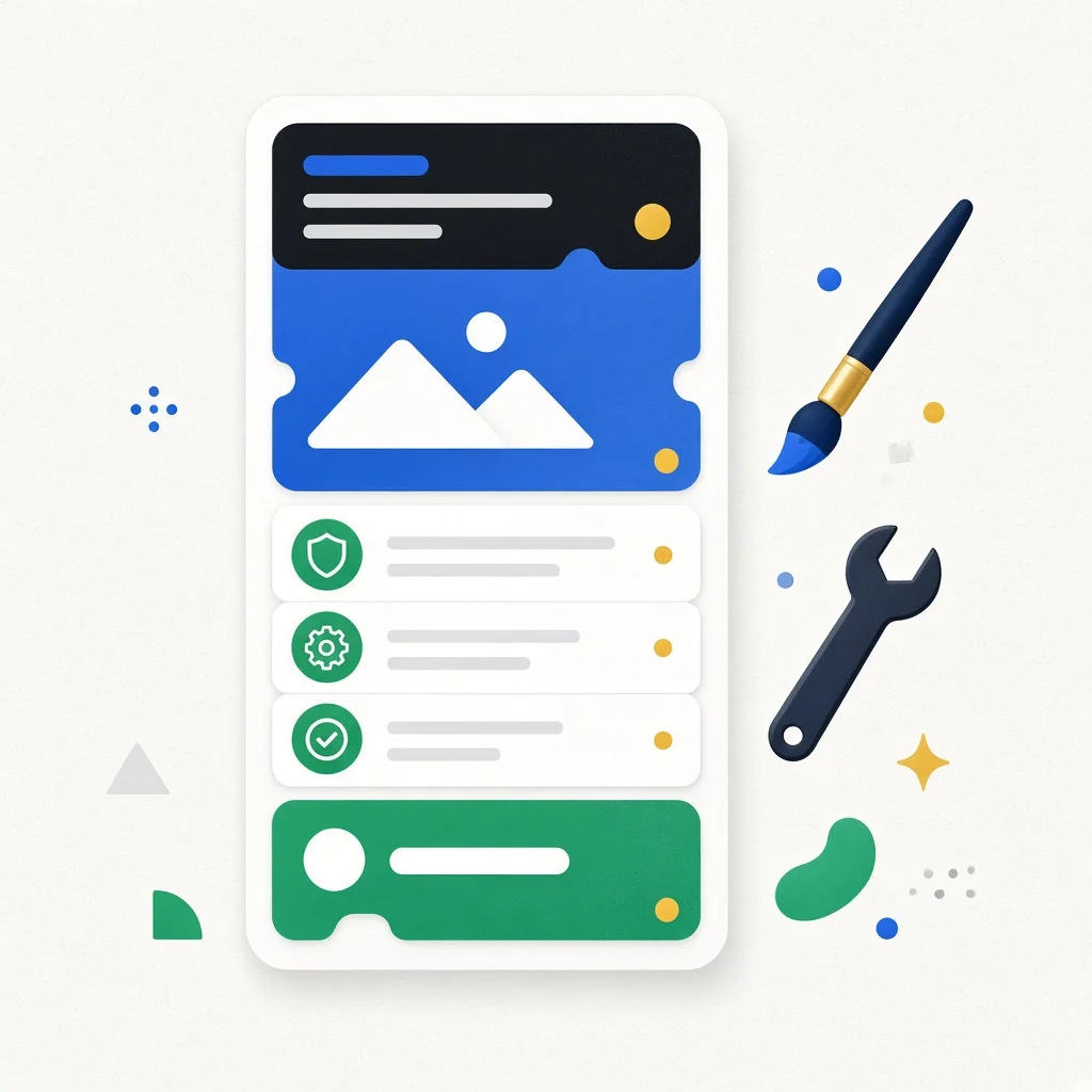 Illustration of website blocks stacked into a simple page, with a paintbrush and wrench for build and care.