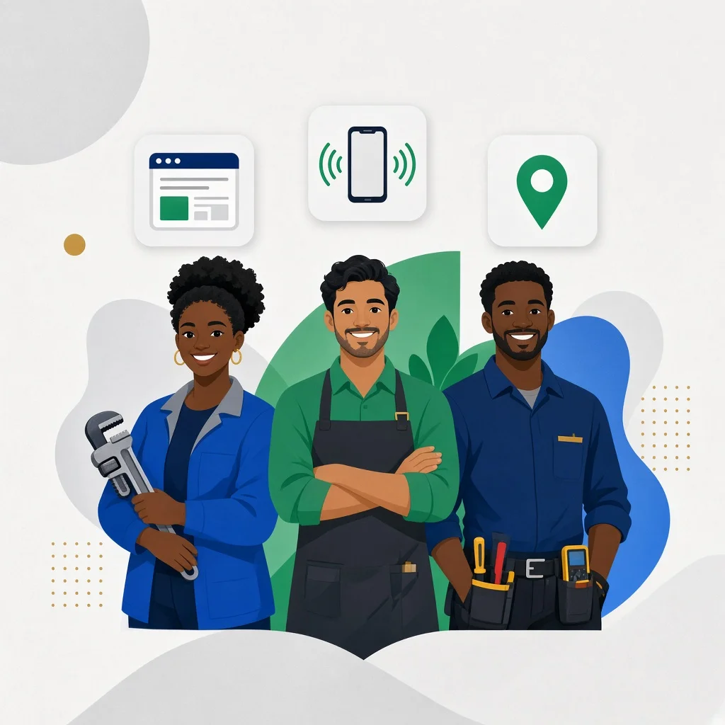 Illustration of three local business owners, a plumber, a cafe owner and an electrician, under website, call and map icons.