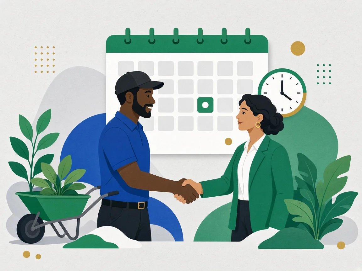 Illustration of a Black landscaper shaking hands with a consultant in front of a calendar with a date set.