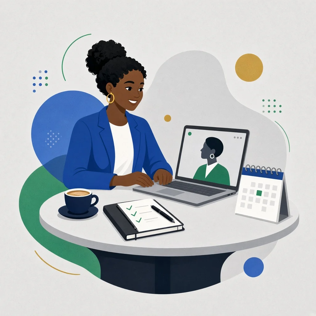 Illustration of a Black woman business owner on a video call at a cafe table, with a checklist and calendar.