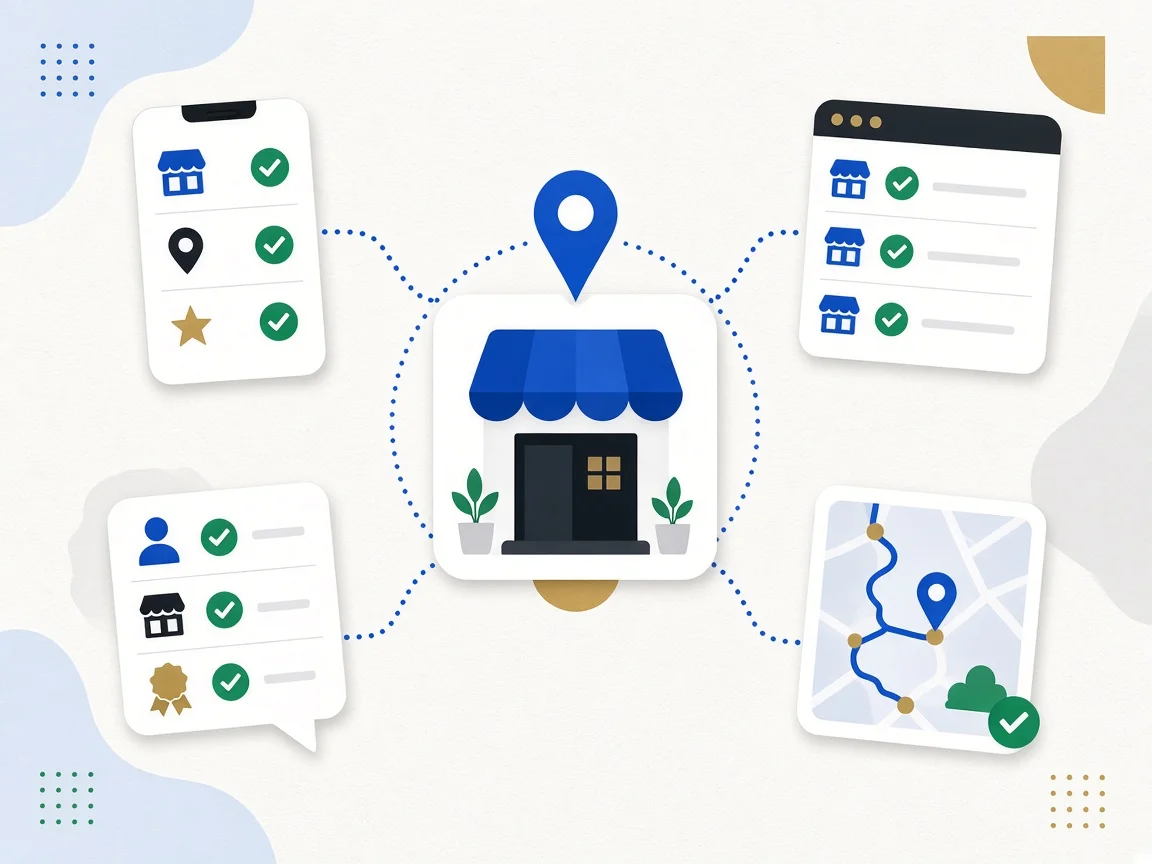 Illustration of a storefront linked to matching listing cards on phone, web, chat and map, all checked.