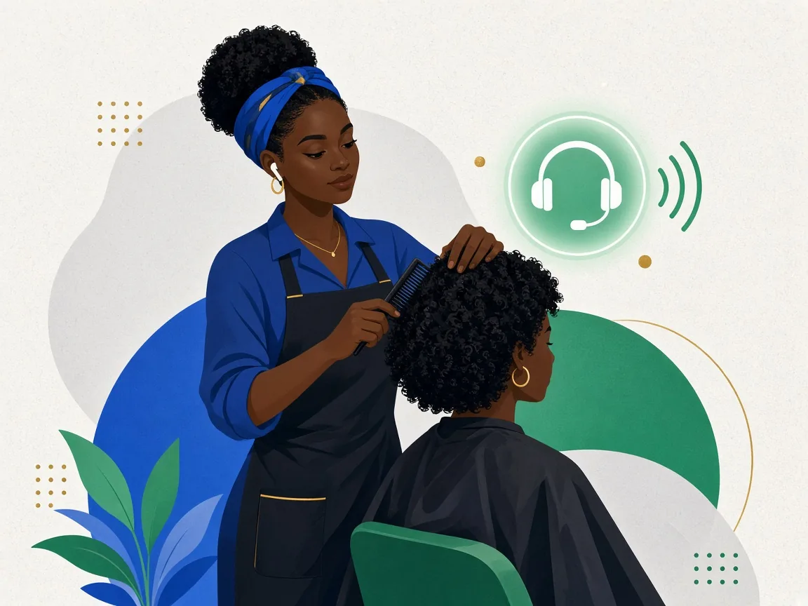 Illustration of a Black salon owner styling a client's hair while an AI headset assistant handles a call.