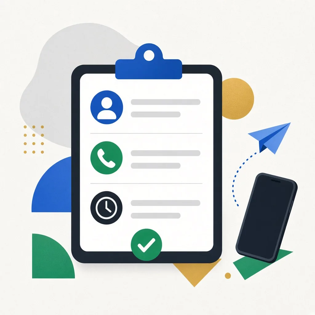Illustration of a clipboard collecting a caller's name, number and preferred time, sent on to a phone.