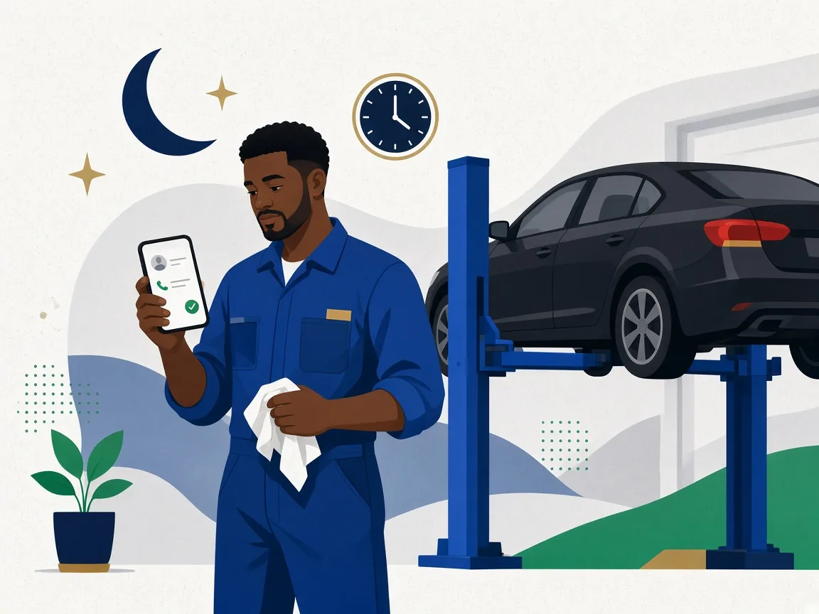 Illustration of a Black mechanic after hours reading a summary of an answered call on his phone.