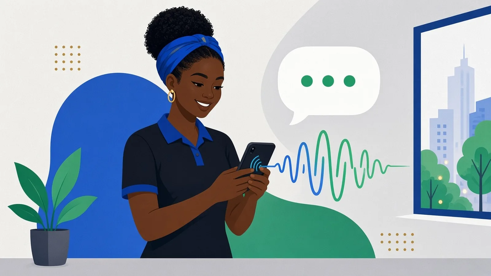 A local shop owner smiles at her phone while an AI assistant answers a call, shown as a chat bubble and a voice wave.