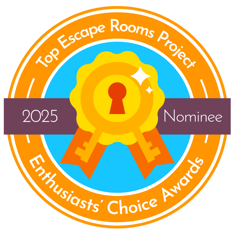 An orange circle with a blue middle circle and rosette with keys on the ribbon and a hole icon in the middle. It says "Top Escape Rooms Project. 2025 Nominee. Enthusiasts Choice Awards"