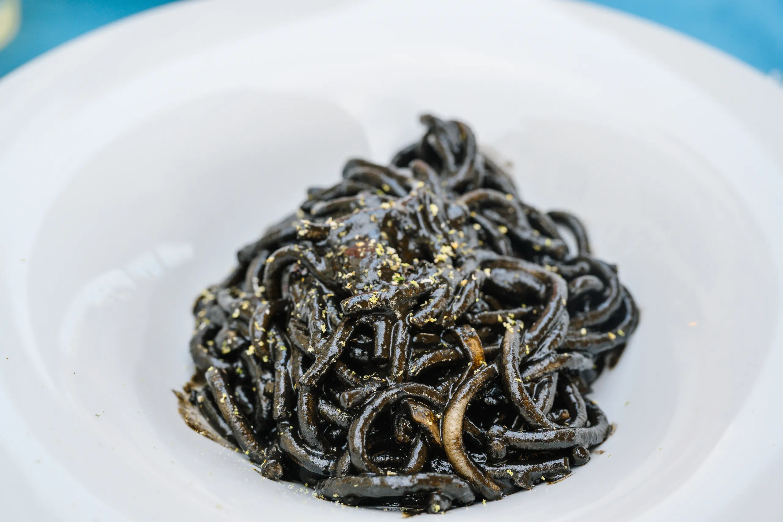 Close-up of black squid ink spaghetti twirled in a white bowl.