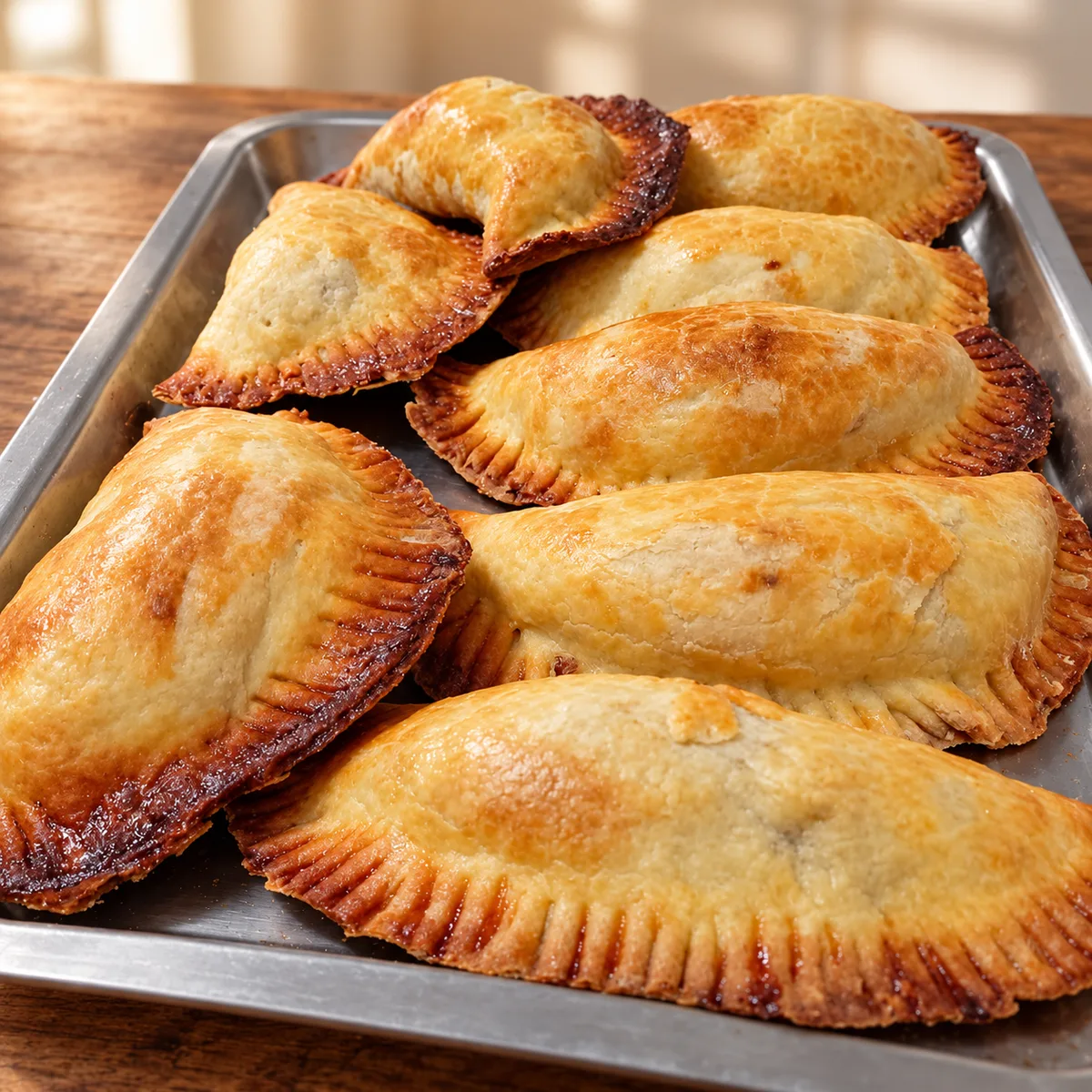 A tray of golden, freshly baked pasties with crimped edges