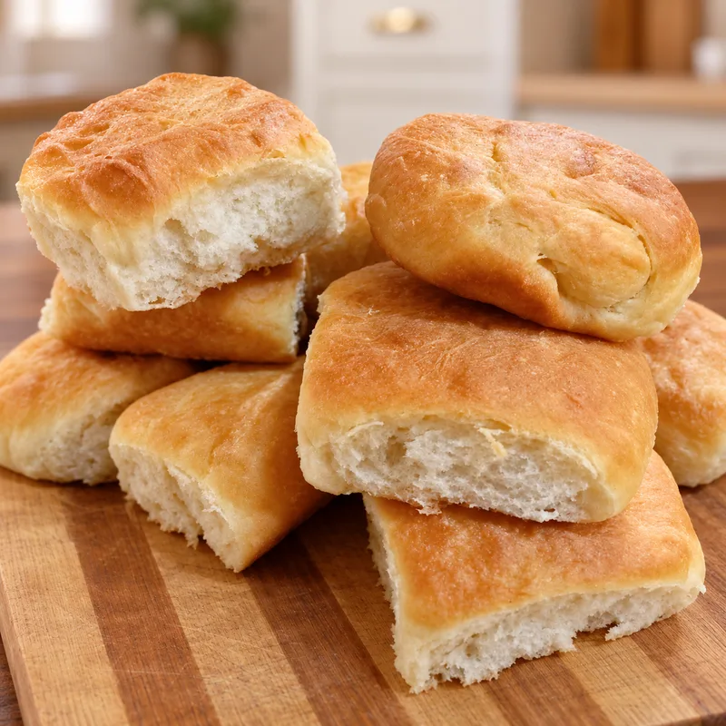 A stack of soft golden bread rolls on a wooden board