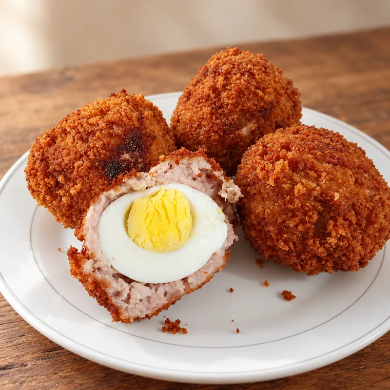 Crumb-coated scotch eggs on a plate, one cut open to show the egg and sausage meat