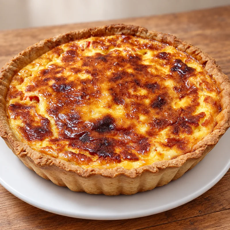 A golden baked quiche with a fluted pastry crust on a white plate