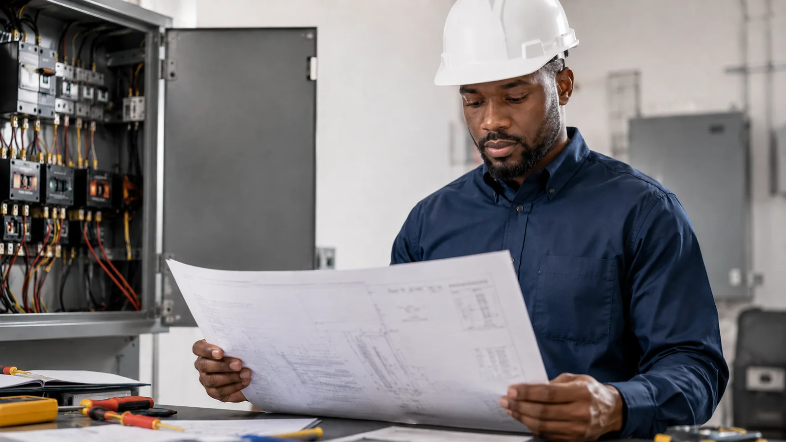 Electrical contractor reviewing project plans