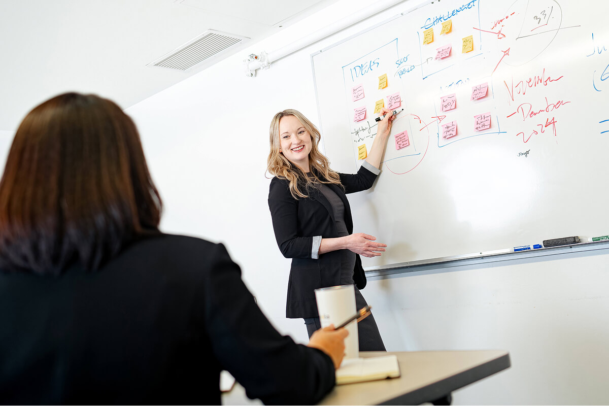 Team planning ideas on a whiteboard