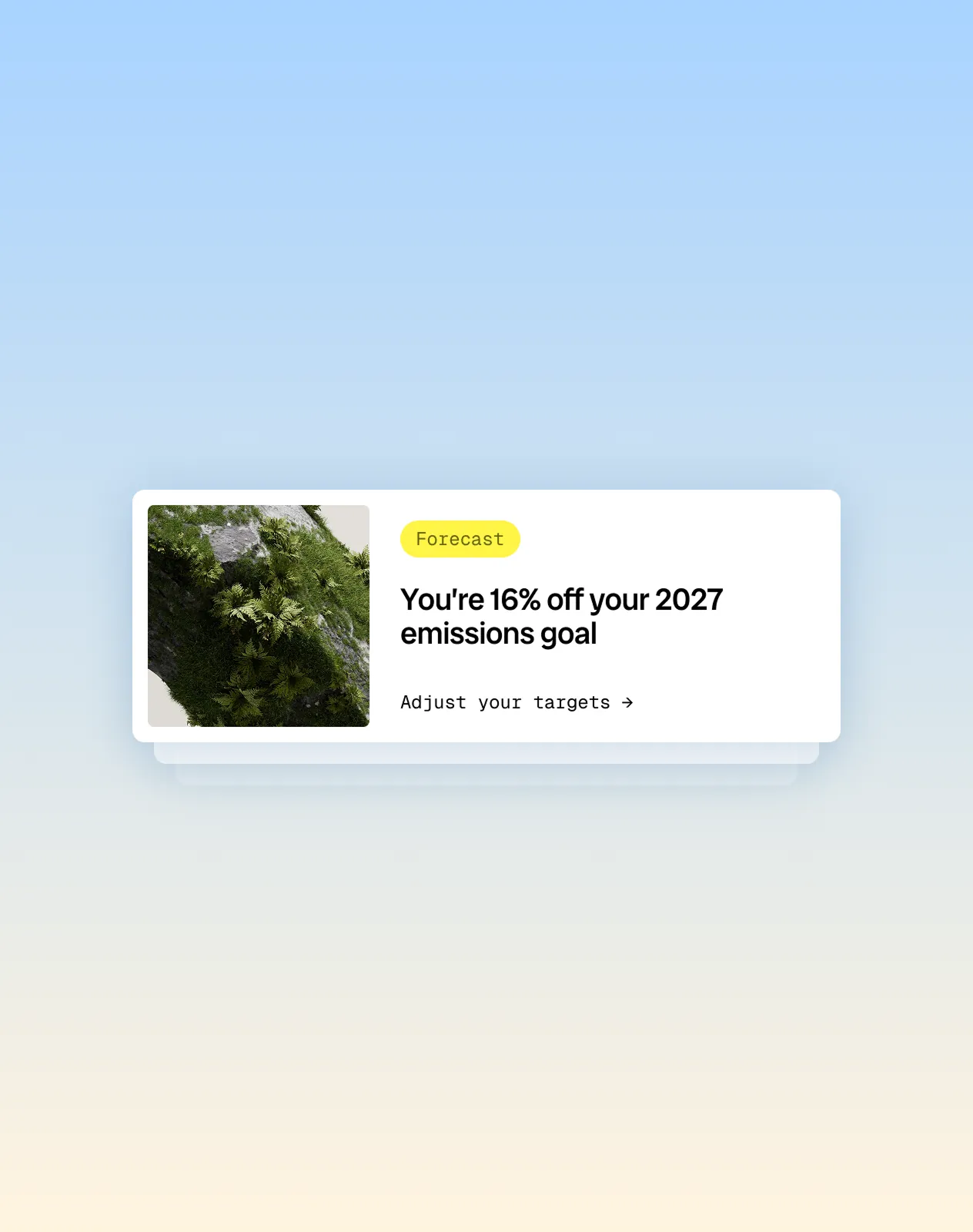 Abstracted user interface forecasting a 16% off target for 2027 emissions goal alongside an image of a mossy tree on top of a light blue gradient background