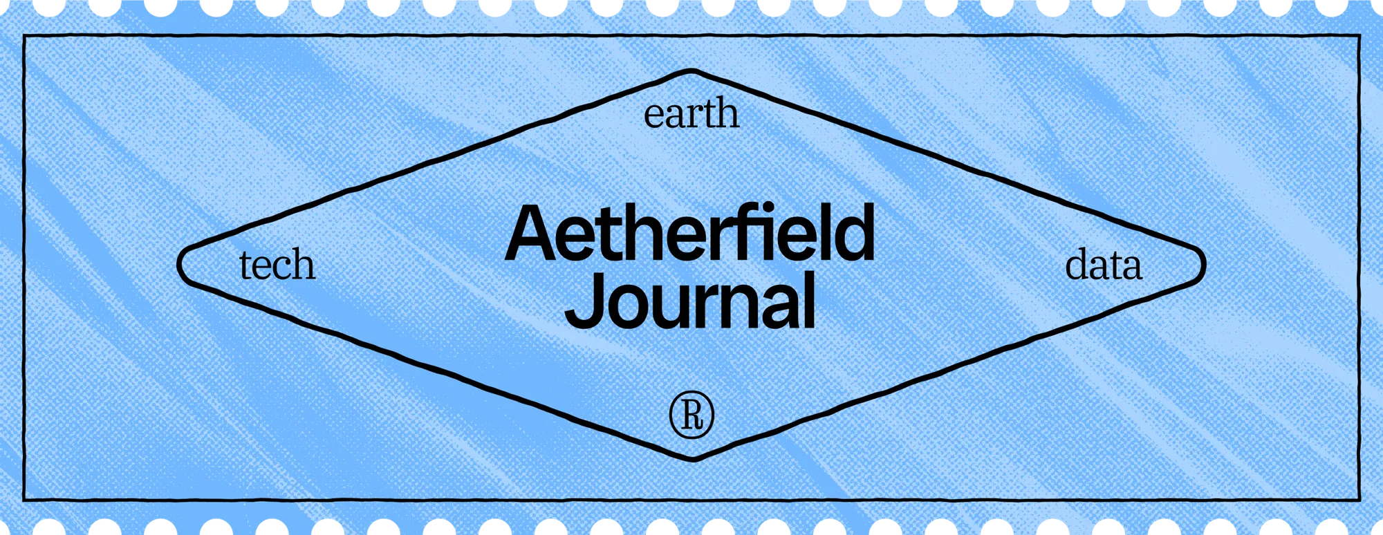 Aetherfield Journal stamp with the words earth, tech and data around a diamond frame