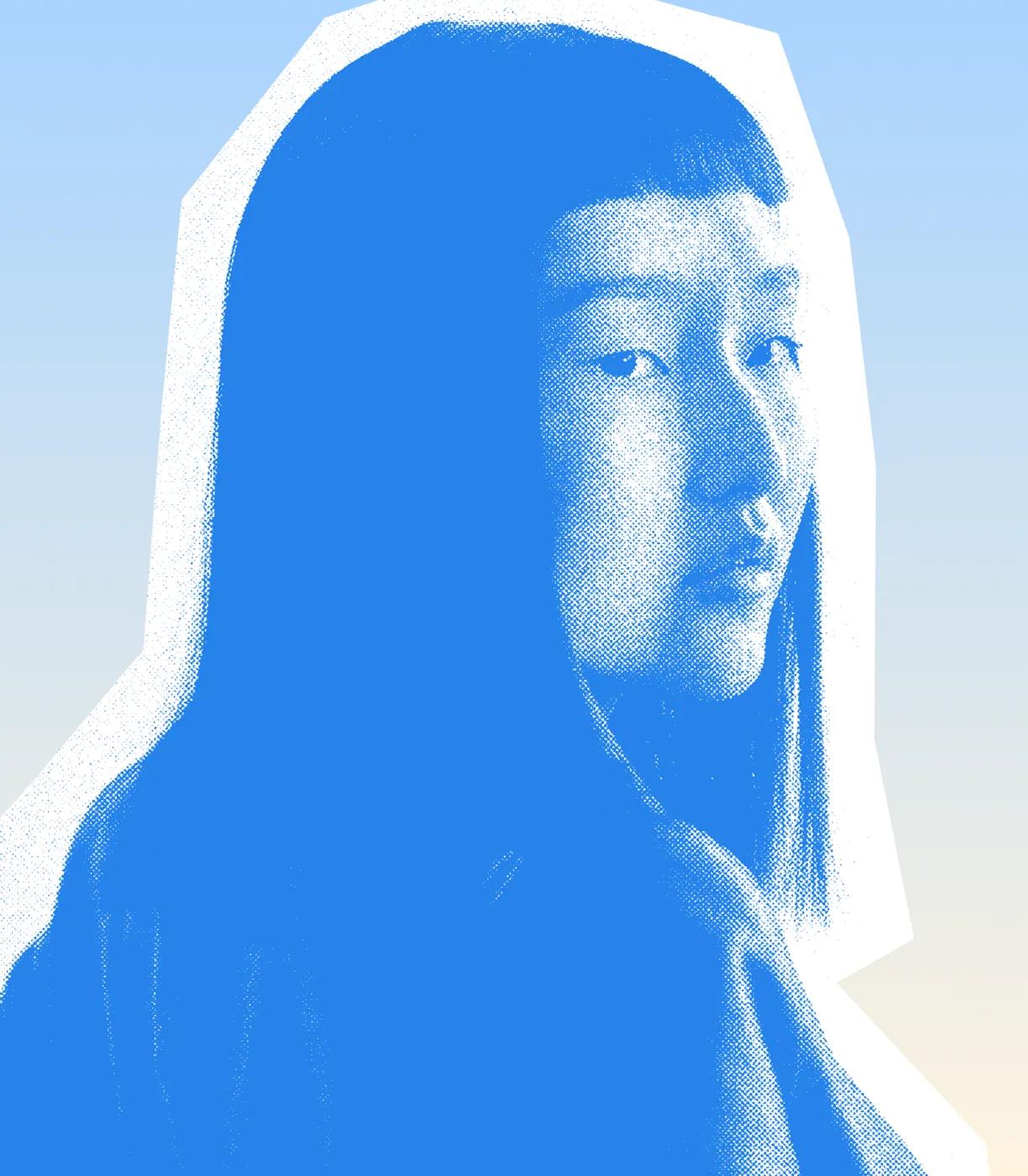 Stylized blue duotone portrait of a woman with long hair facing slightly backward