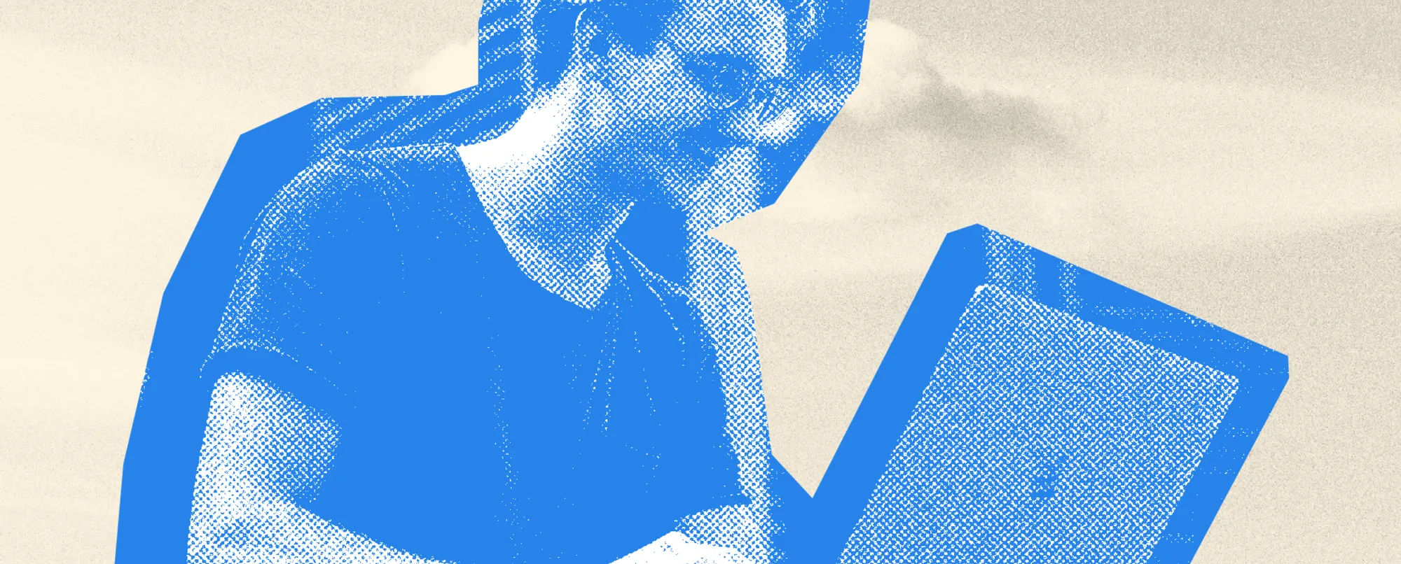 Stylized blue duotone cutout of a person reading a tablet on a beige background