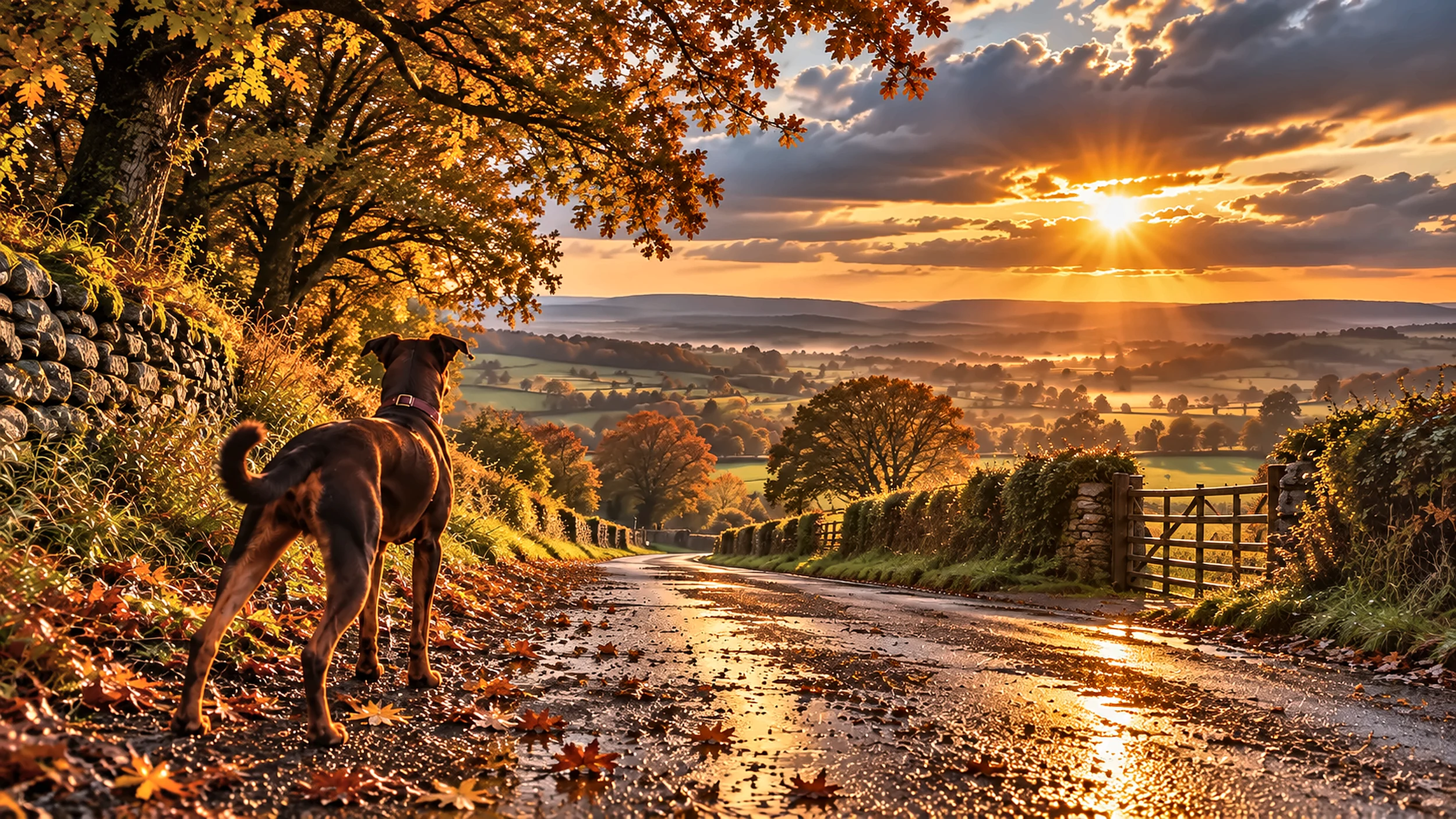 Dog looking out over autumn countryside from a country lane at sunset