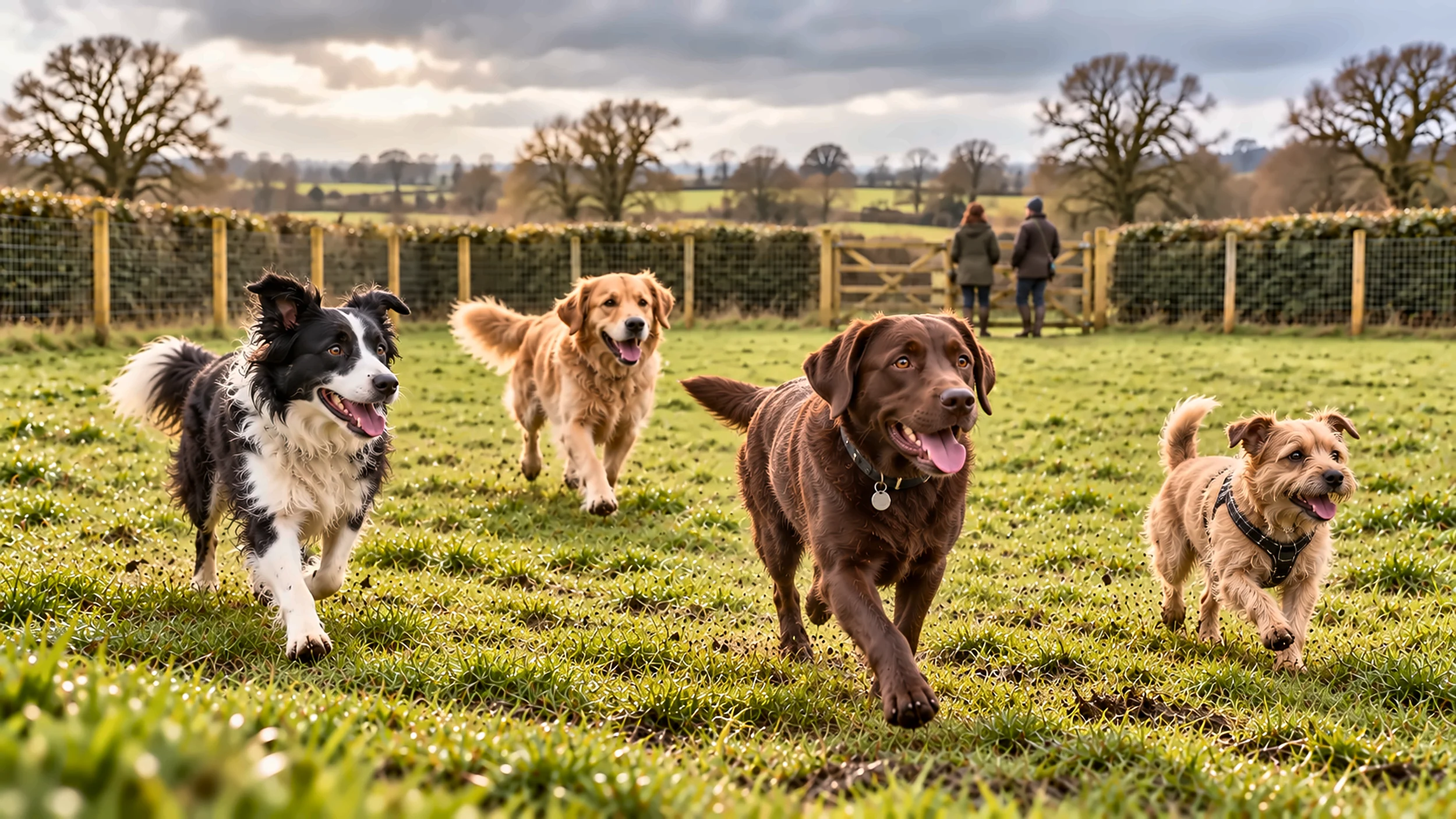 Dogs running happily in the enclosed exercise field near Northwich