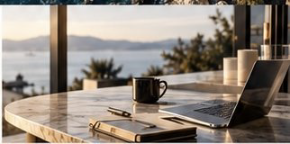 Marketing strategy workspace with a laptop and planning documents overlooking the water