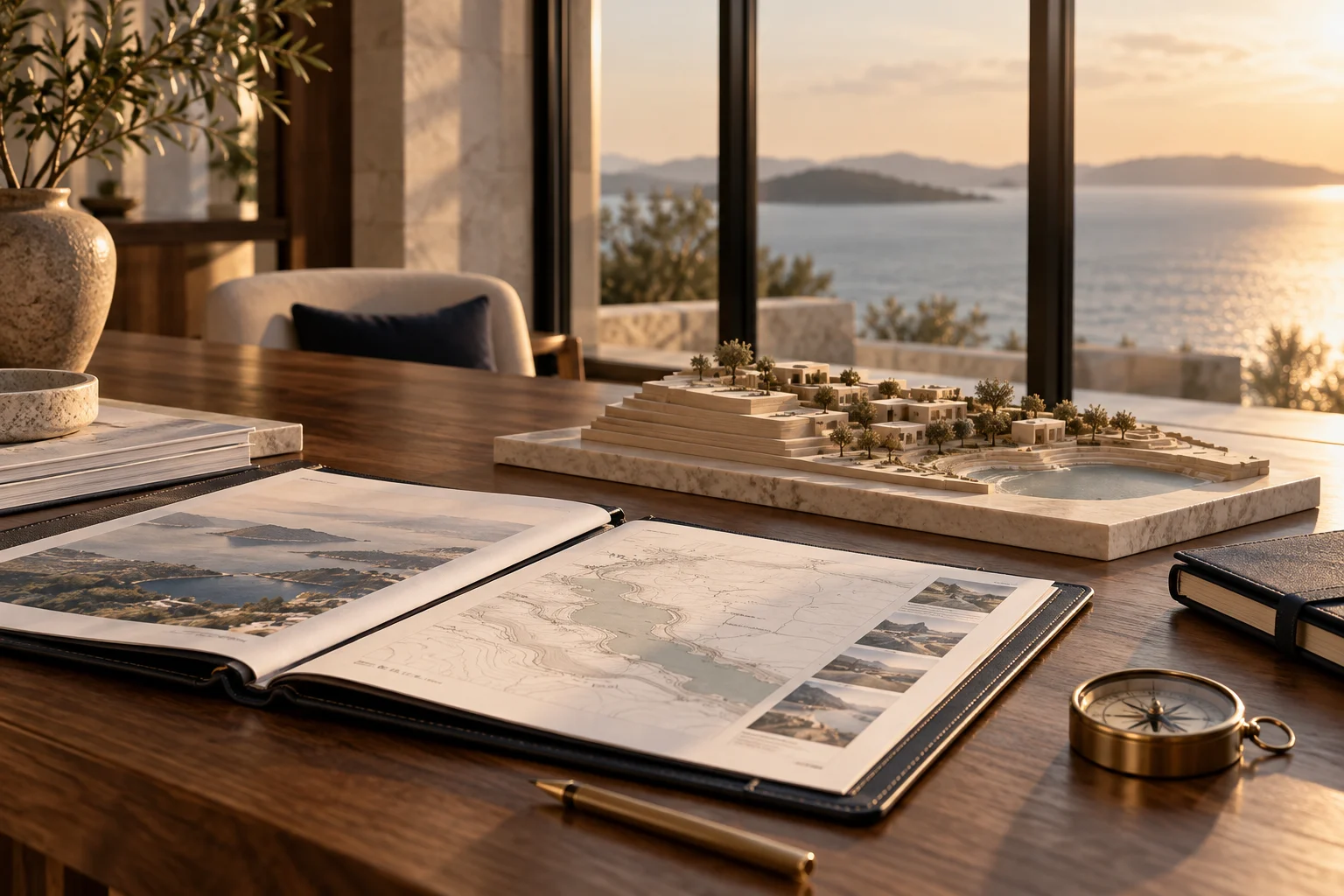 Strategic planning folio and compass in a sunlit waterfront advisory workspace