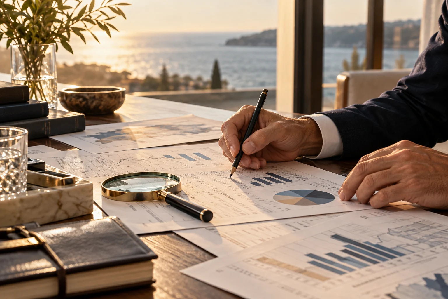 Business performance reports being assessed and annotated in warm natural light