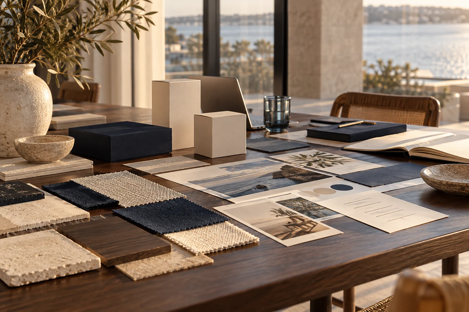 Brand materials and packaging concepts arranged for strategic positioning