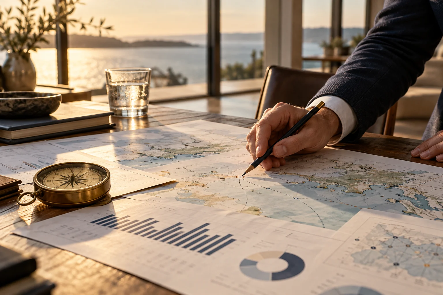 Market research maps and a compass used to evaluate commercial opportunities