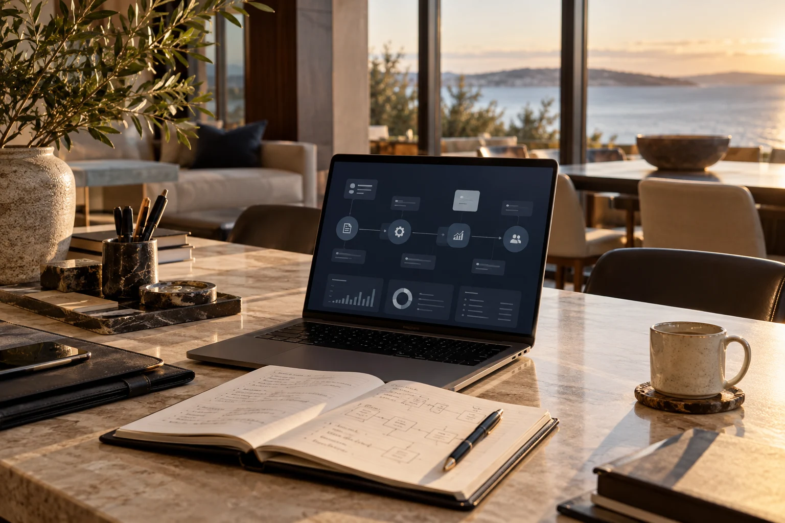 Connected digital workflows on a laptop in an executive workspace