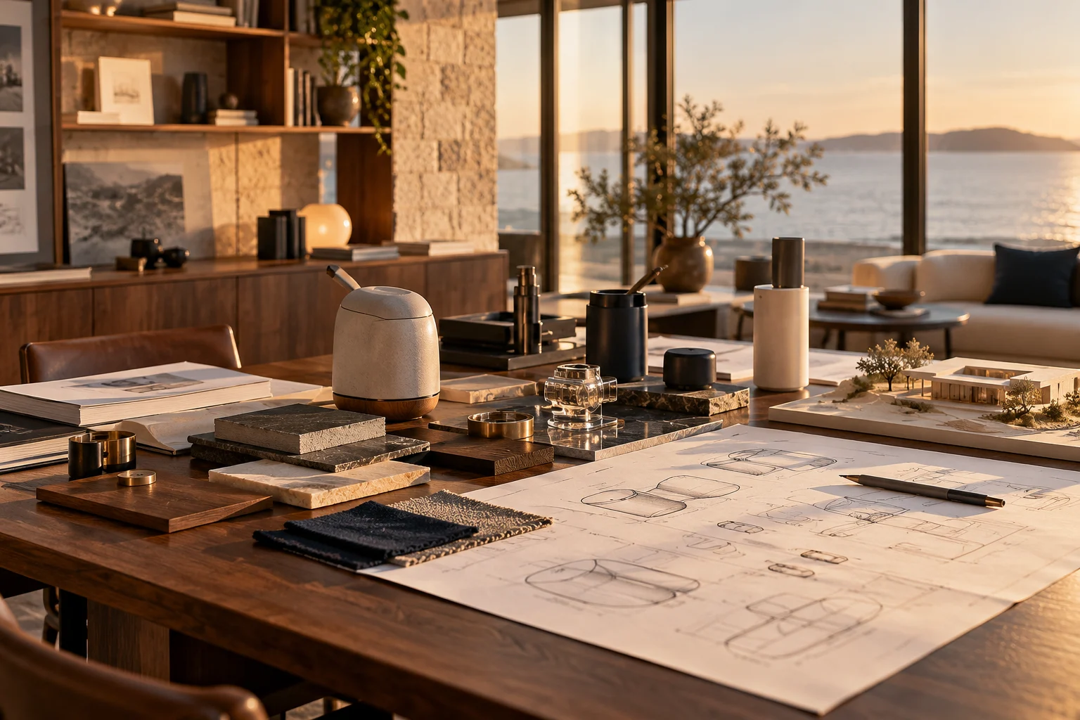 Product prototypes and invention sketches in an elegant development studio