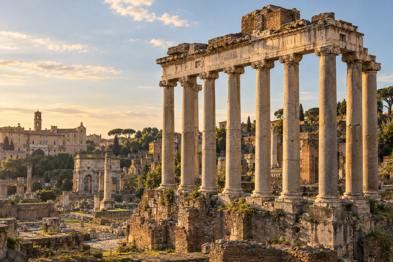 Editorial interpretation of the surviving Temple of Saturn in Rome in warm evening light