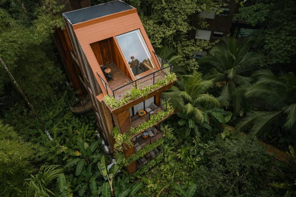 Casa de árbol moderna con techo inclinado y ventana grande, varias terrazas con plantas tropicales, rodeada de densa vegetación selvática