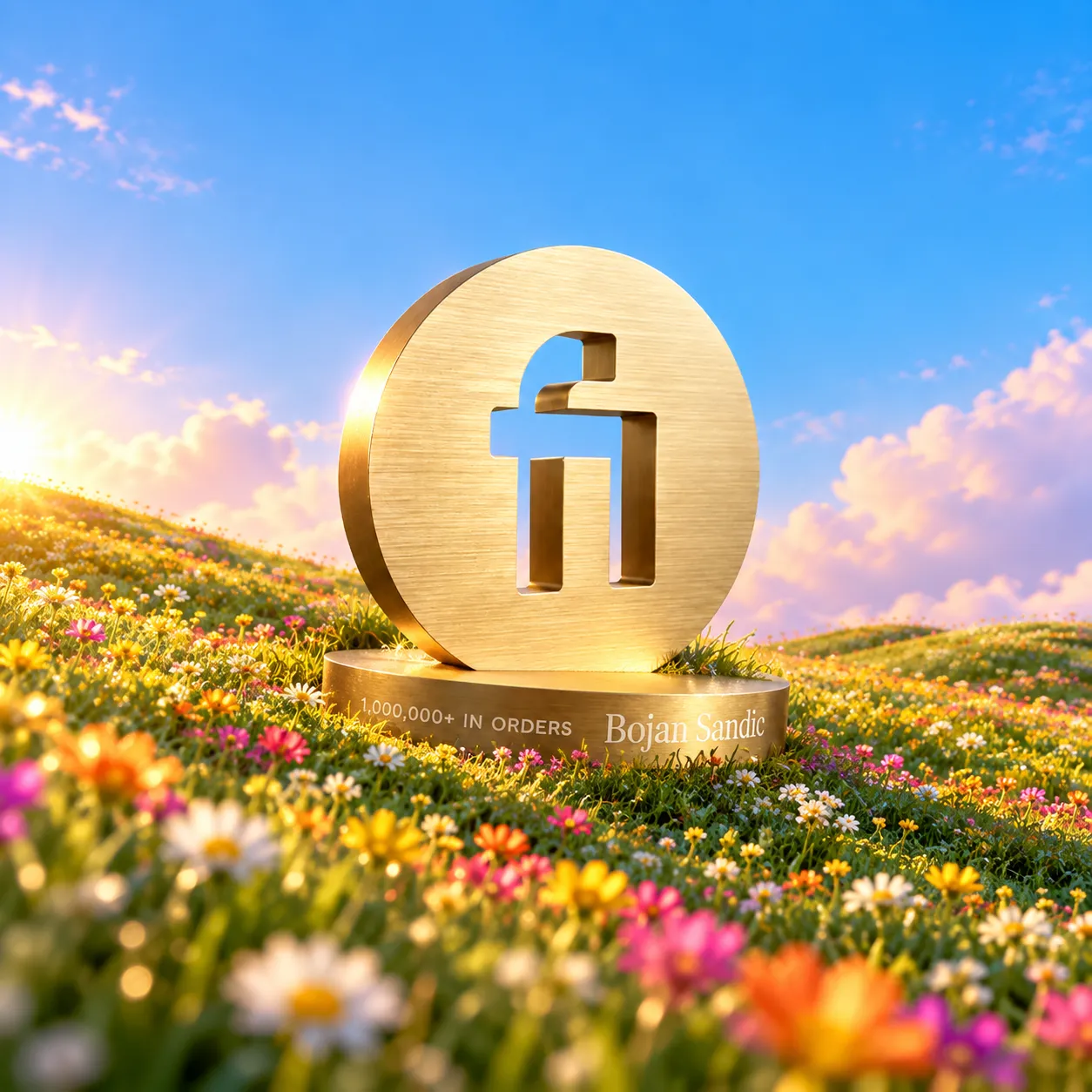 Gold Fiverr trophy engraved with 1,000,000+ in orders and Bojan Sandic, standing in a field of spring flowers