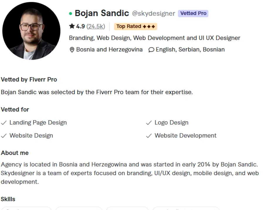 Bojan Sandic's Fiverr Pro profile showing the Vetted Pro and Top Rated badges, a 4.9 rating and vetted categories for logo, website and landing page design