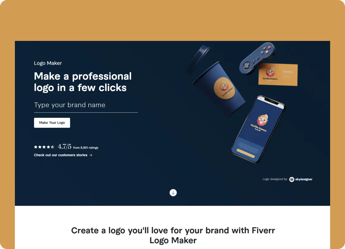 SkyDesigner logo concept shown as the featured example on the Fiverr Logo Maker launch page