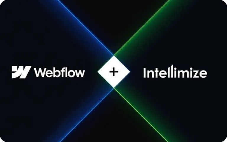 Webflow wordmark on a dark background with crossing blue and green light beams