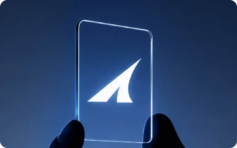 Hand holding a glass card with a white logo mark on a navy background