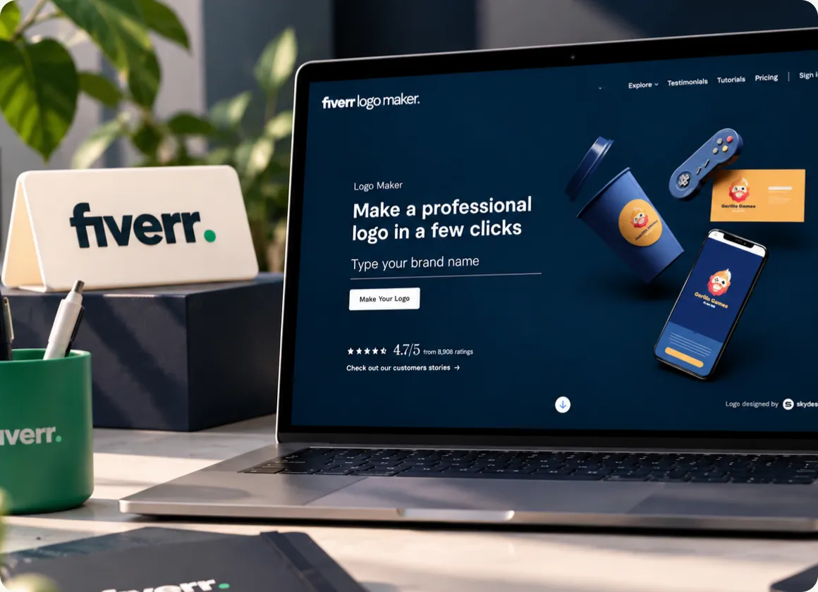 Fiverr Logo Maker page on fiverr.com featuring a SkyDesigner logo as the hero example
