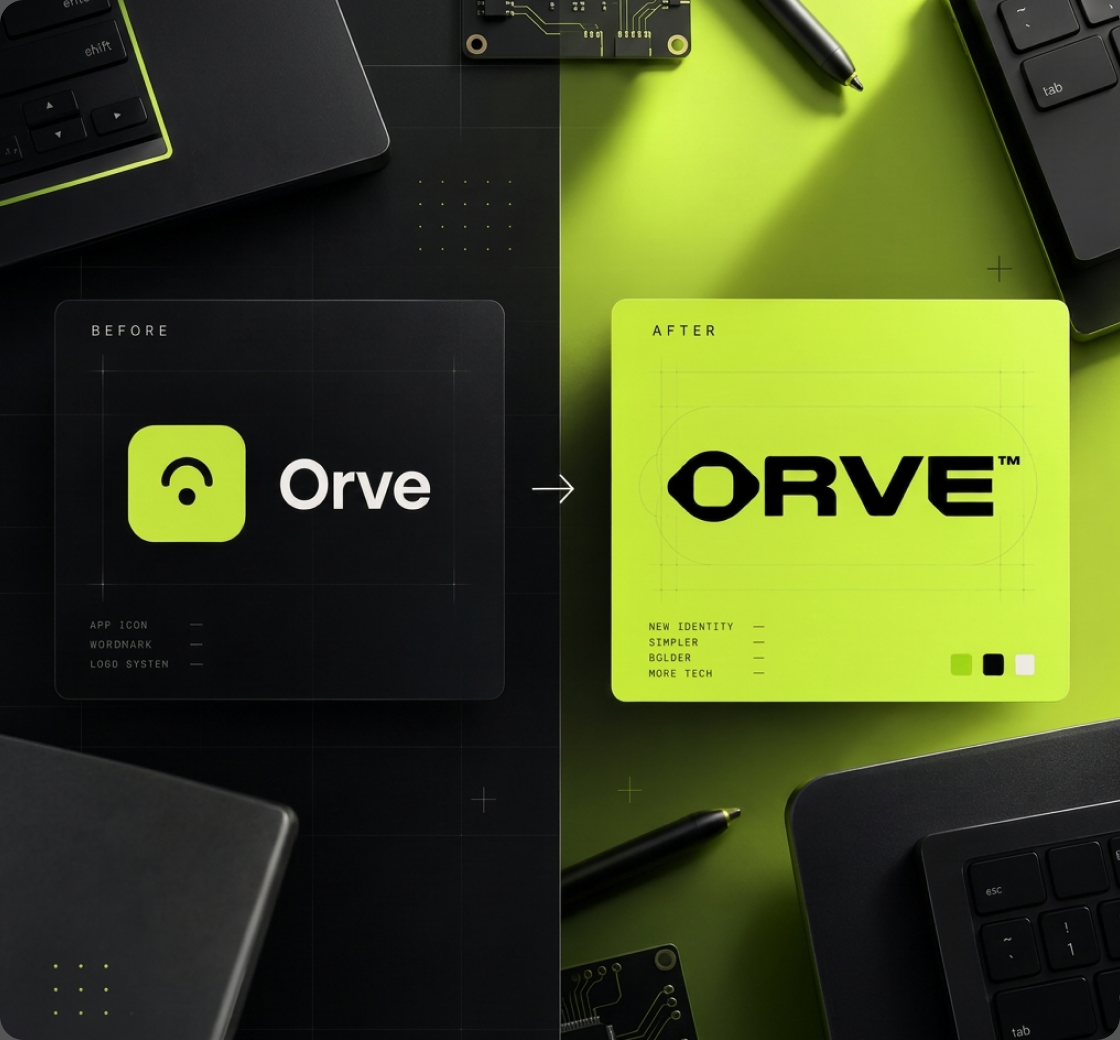 Orve logo before and after redesign, from app icon to a bold wordmark