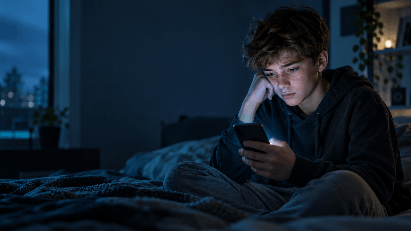 Child looking at a glowing screen in a dark room