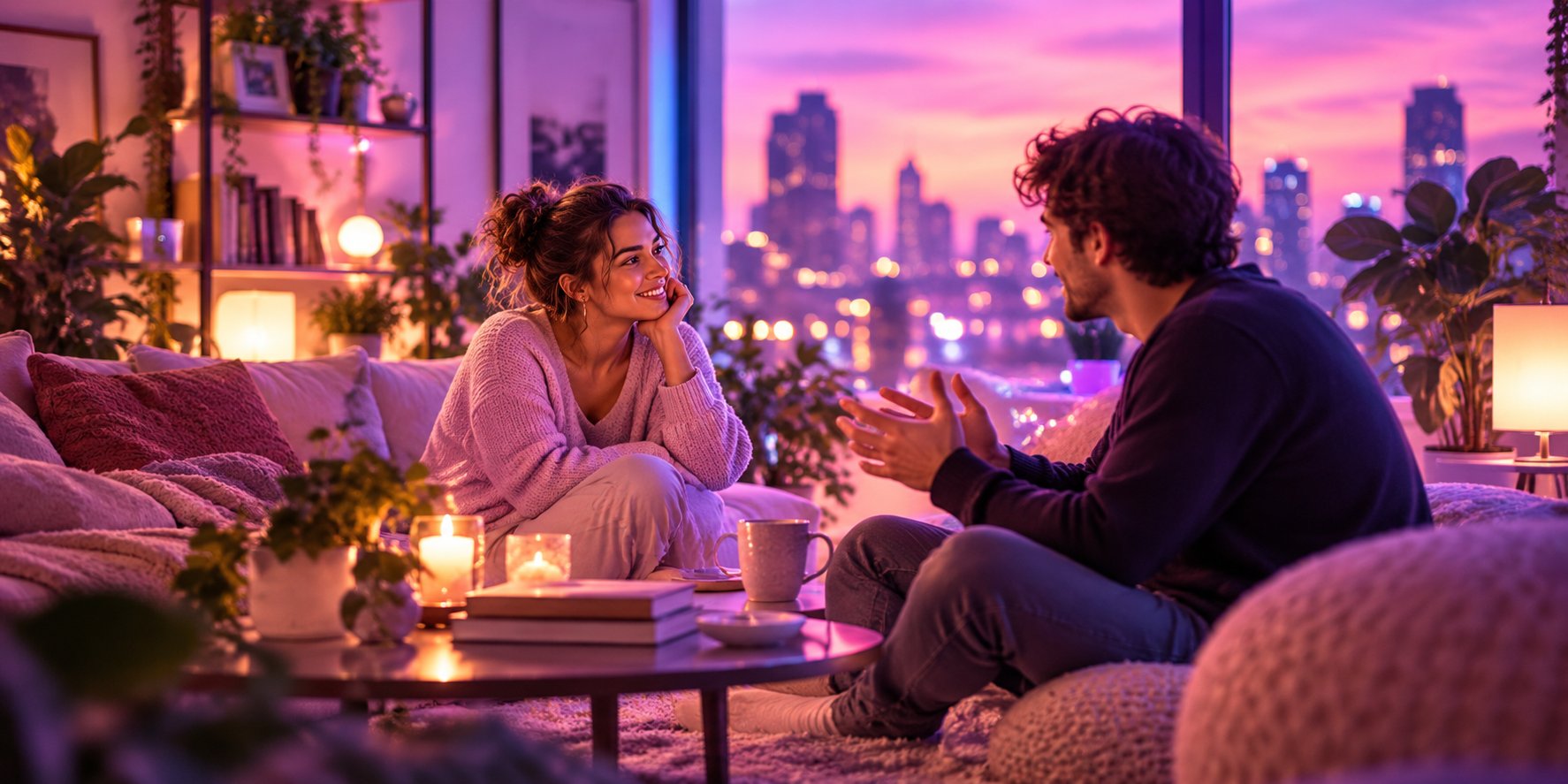 Two people listening to each other closely during an evening conversation
