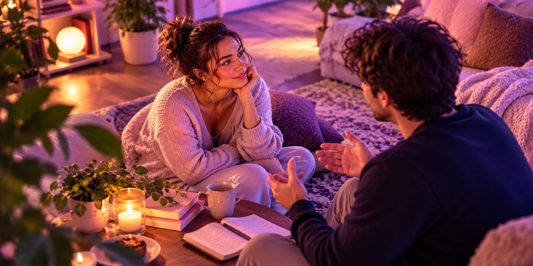 A couple sharing a quiet, comfortable pause in their conversation
