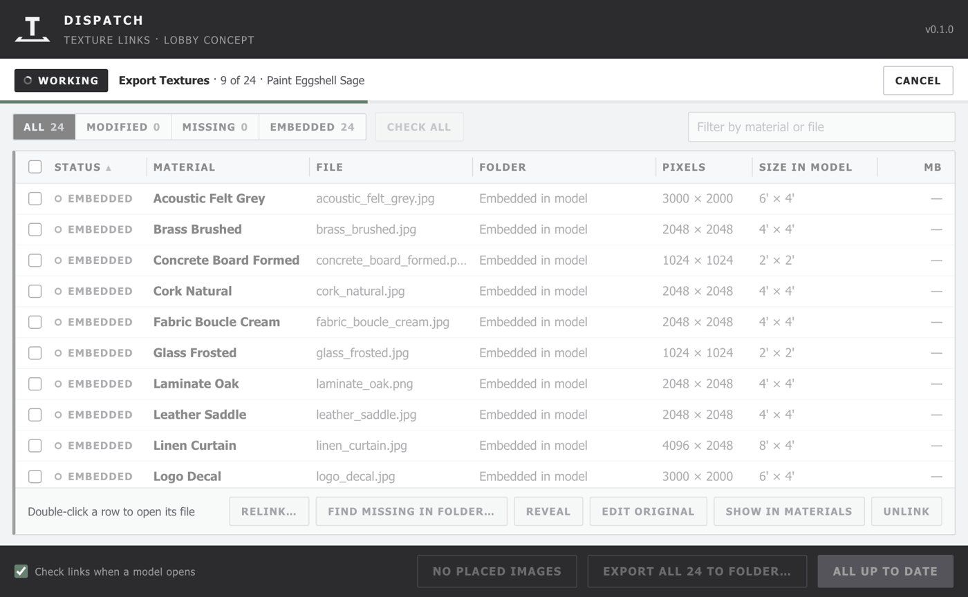 The Dispatch panel mid-export, showing Export Textures 9 of 24 with a progress bar and Cancel