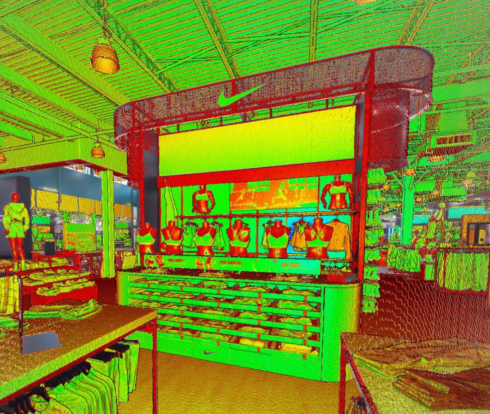 Point cloud of a Nike wall with apparel and a lit header