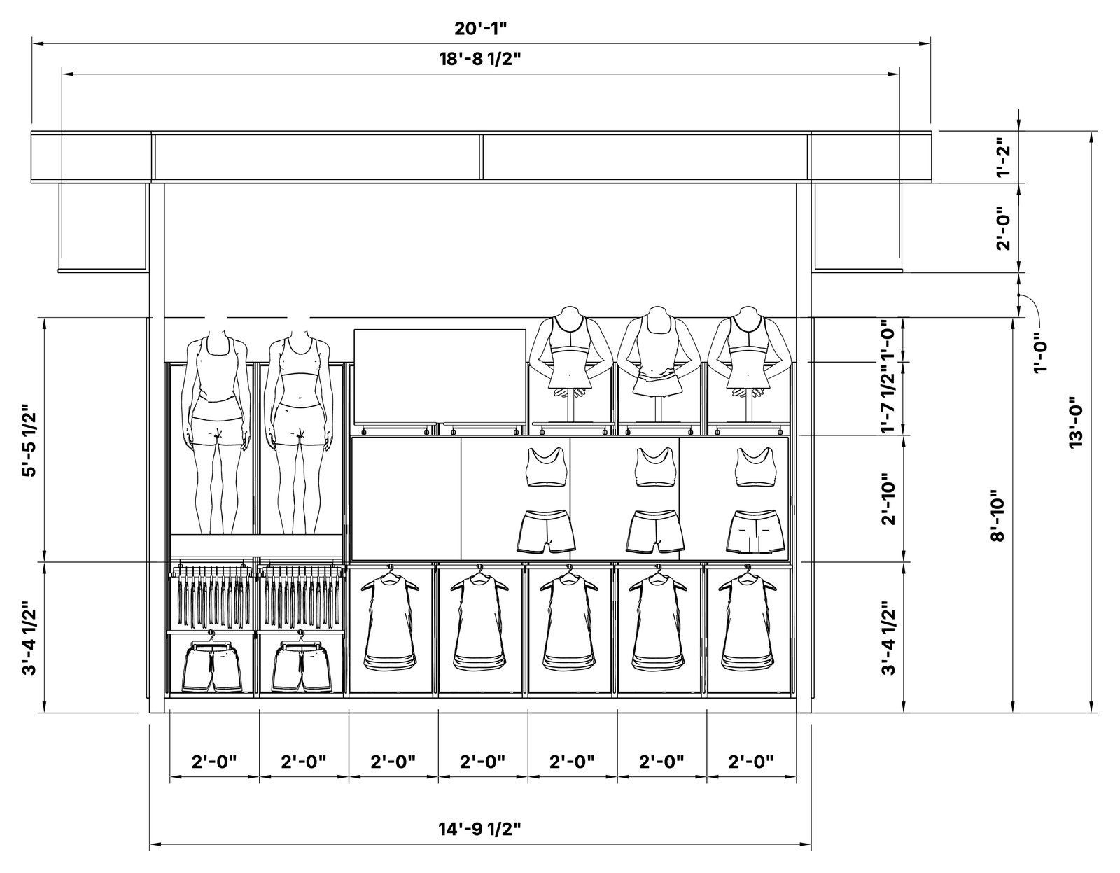 Dimensioned elevation of a wall fixture with apparel, mannequins, and a header sign