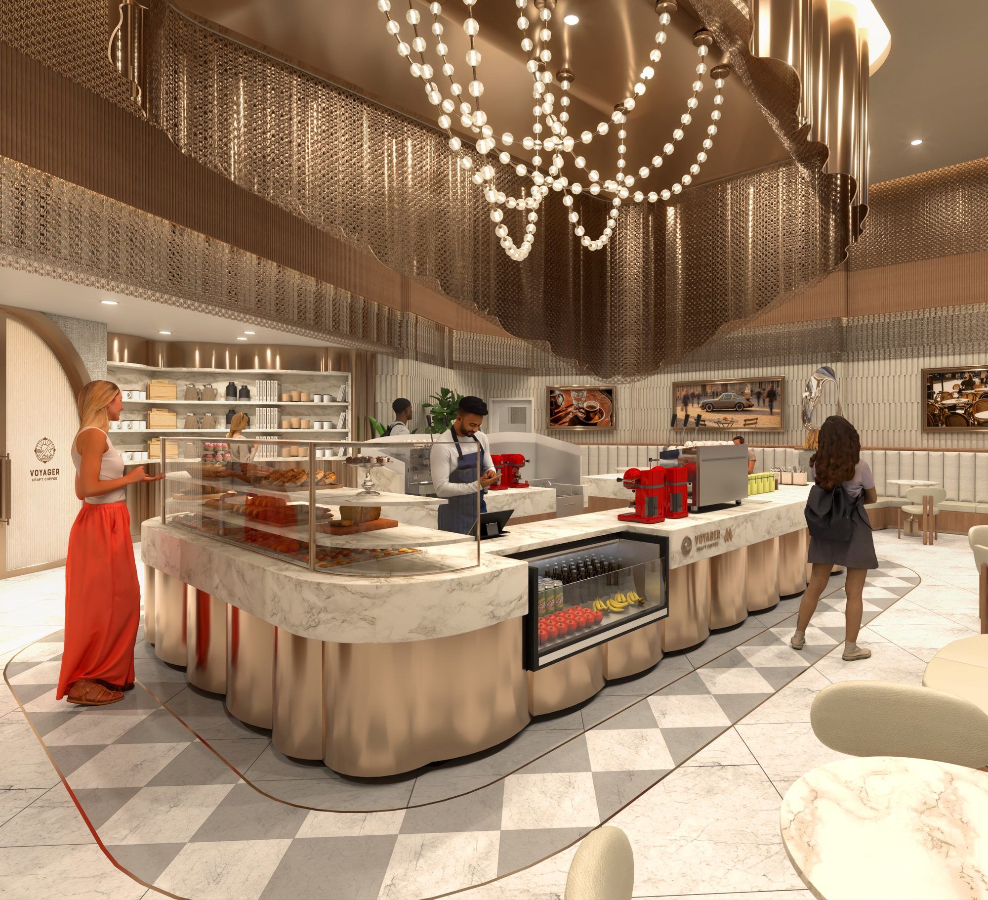 Voyager Craft Coffee counter render with a pearl chandelier