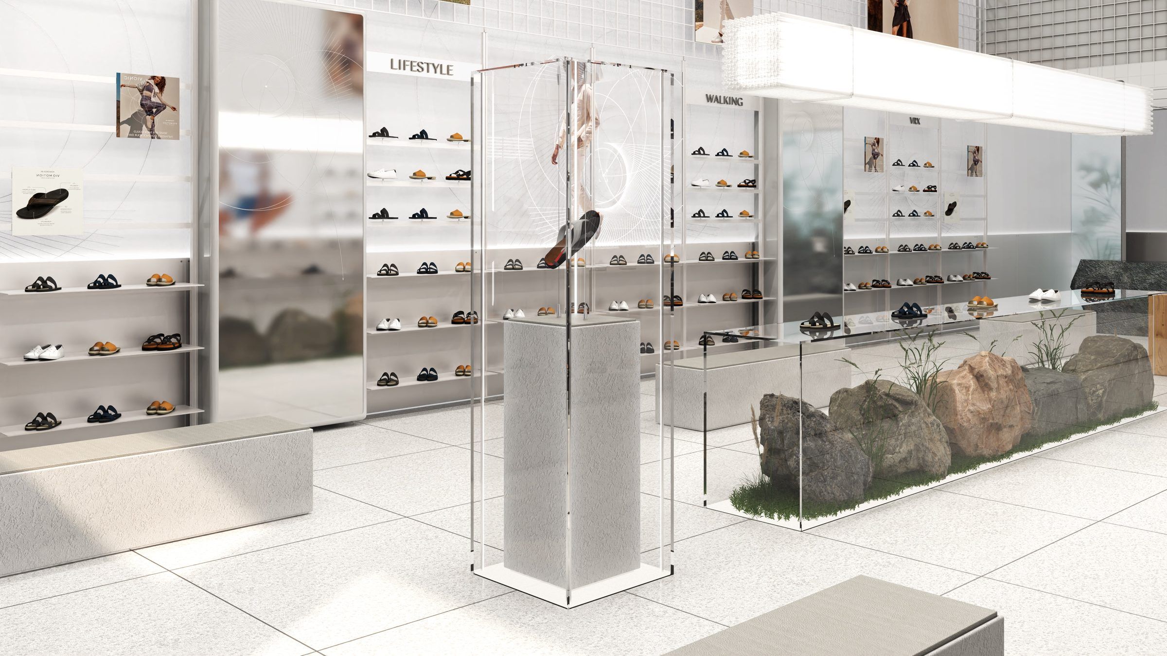 Render of a white Vionic store concept with a planted display