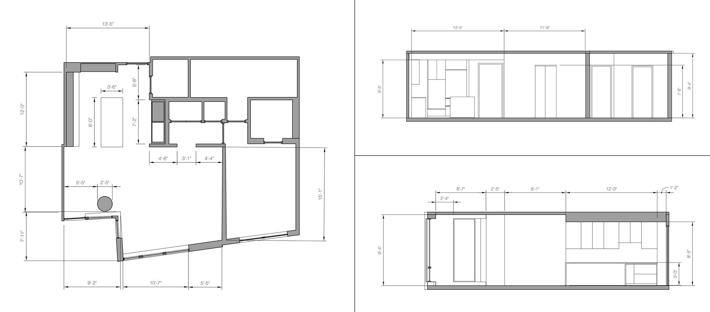 Sample survey set: dimensioned floor plan and two interior elevations
